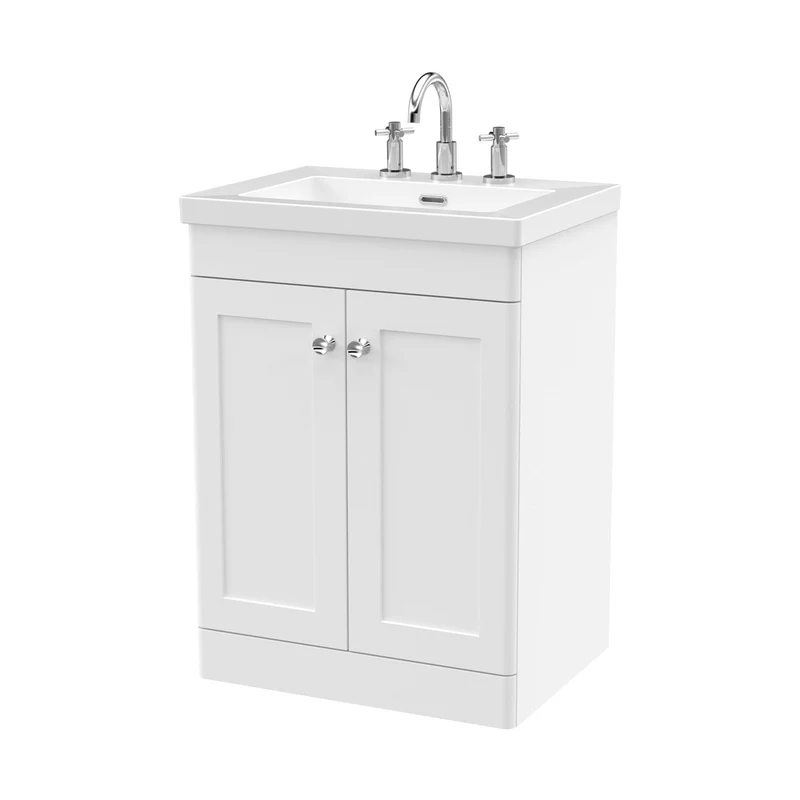 Nuie Classique 600mm Floor Standing 2-door Vanity With Basin - 3 Tap Hole Traditional Satin White Fireclay 845x613x462mm