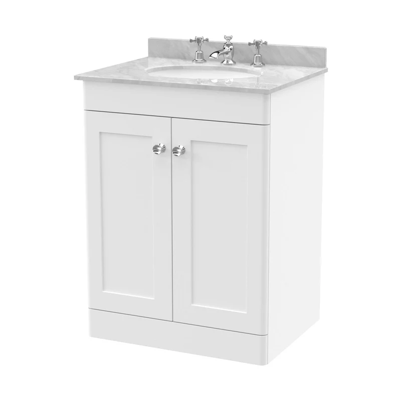 Nuie Classique 600mm Floor Standing 2 Door Vanity & Marble Top 3th Traditional Satin White MFC Painted Matt 814x620x463mm - CLC125GR3