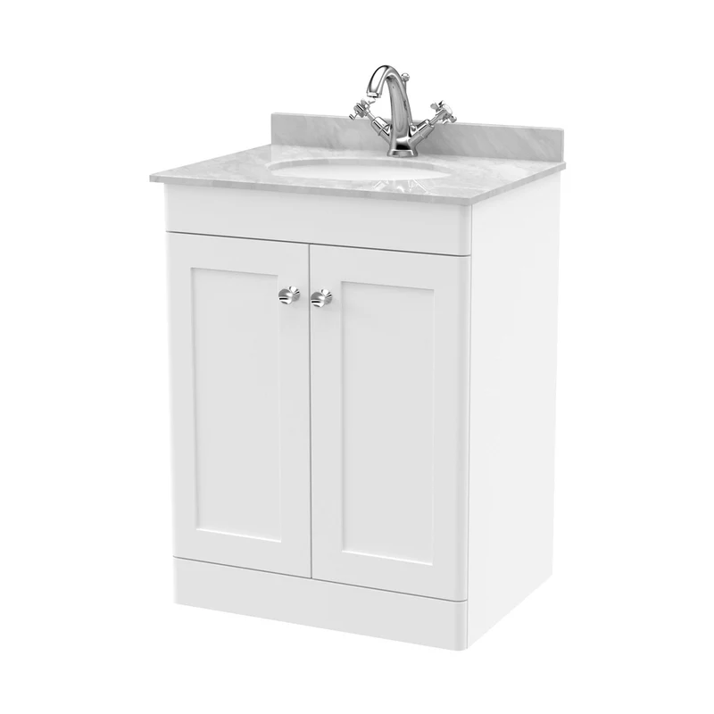 Nuie Classique 600mm Floor Standing 2 Door Vanity & Marble Top 1th Traditional Satin White MFC Painted Matt 814x620x463mm - CLC125GR1