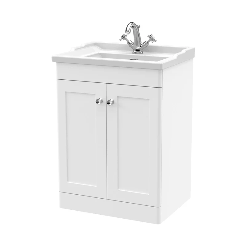 Nuie Classique 600mm Floor Standing 2 Door Vanity & Basin 1th Traditional Satin White MFC Painted Matt 858x620x470mm