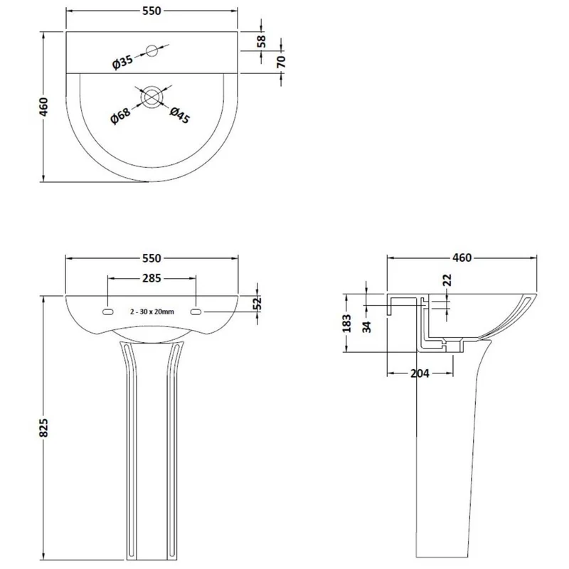 Nuie Freya 550mm Basin & Full Pedestal