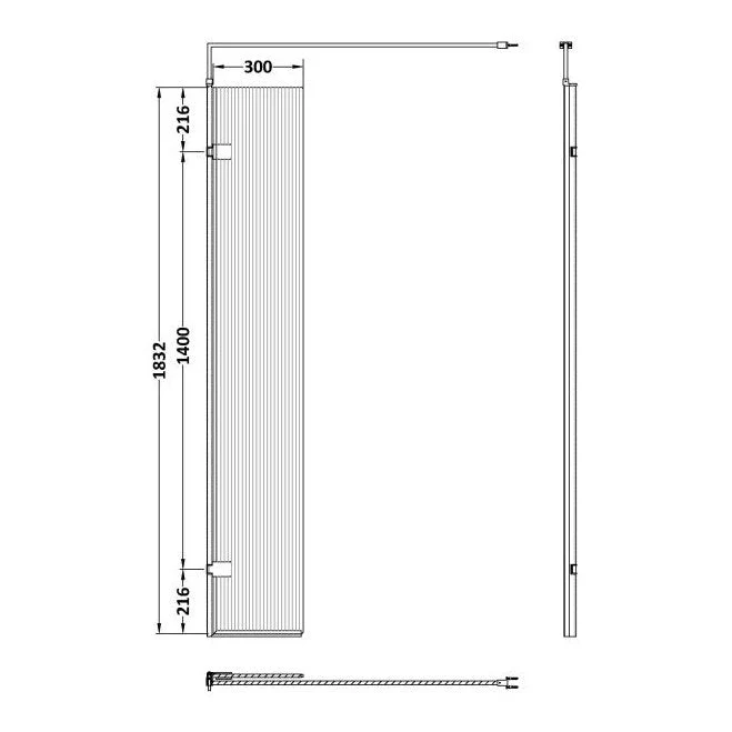 Nuie Fluted 8mm 300mm Hinged Return For Wetroom Screen (1850mm High) - Brushed Brass