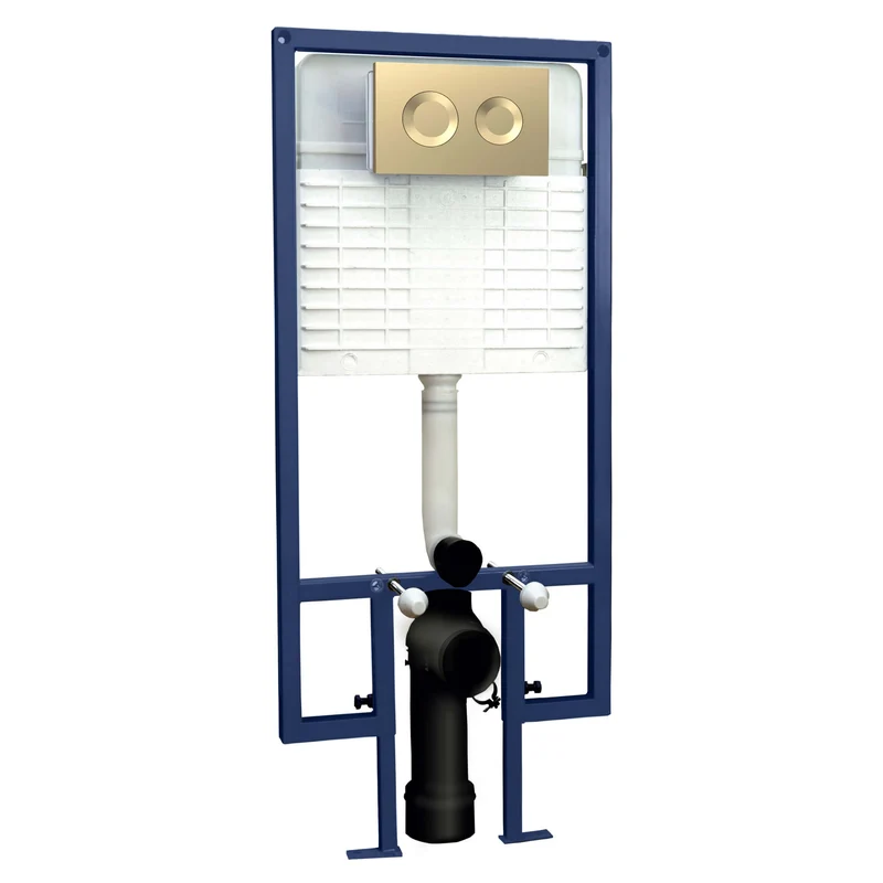 Standard Height Wall Hung Toilet Frame with Concealed Cistern & Brushed Brass Round Flush Plate