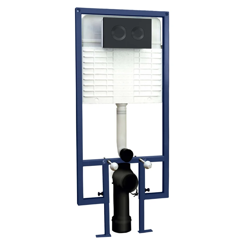 Standard Height Wall Hung Toilet Frame with Concealed Cistern & Matt Black Round Flush Plate