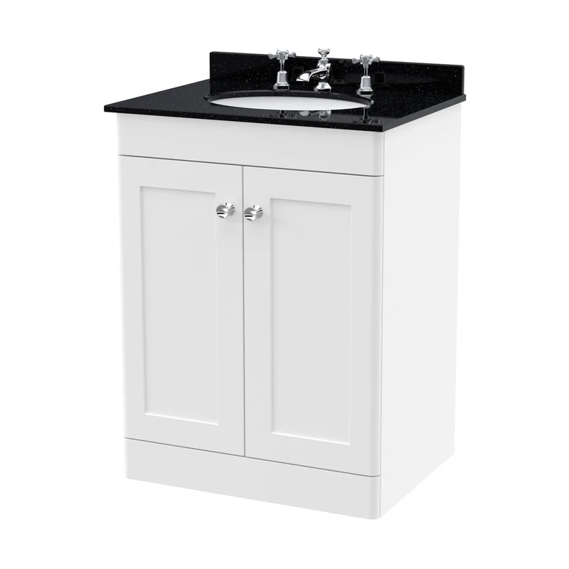 Nuie Classique 600mm Floor Standing 2 Door Vanity & Marble Top 3th Traditional Satin White MFC Painted Matt 814x620x463mm - CLC125BR3