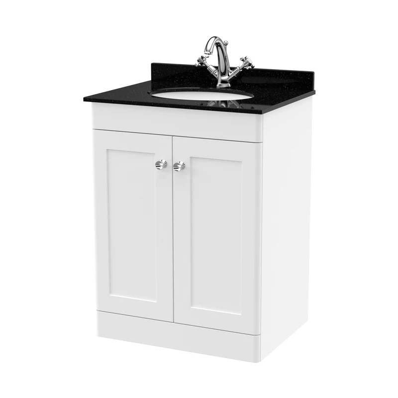 Nuie Classique 600mm Floor Standing 2 Door Vanity & Marble Top 1th Traditional Satin White MFC Painted Matt 814x620x463mm - CLC125BR1