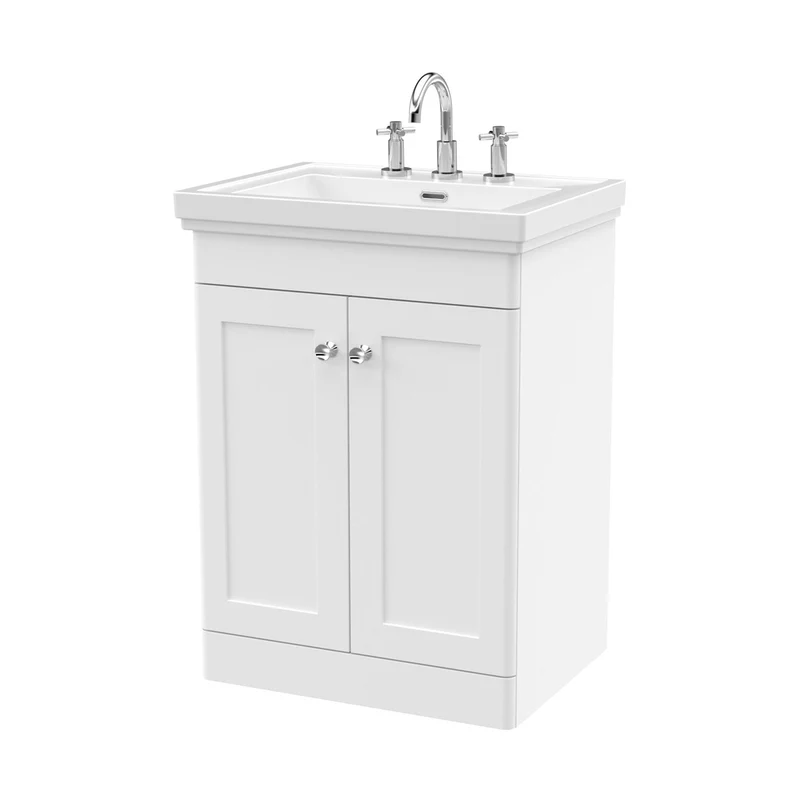 Nuie Classique 600mm Floor Standing 2-door Vanity & Basin 3th Traditional Satin White MFC Painted Matt 865x630x471mm