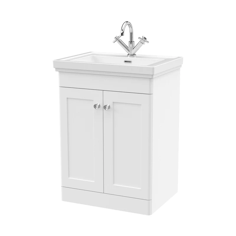 Nuie Classique 600mm Floor Standing 2-door Vanity & Basin 1th Traditional Satin White MFC Painted Matt 865x630x471mm