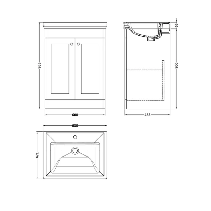 Nuie Classique 600mm Floor Standing 2-door Vanity & Basin 1th Traditional Satin White MFC Painted Matt 865x630x471mm
