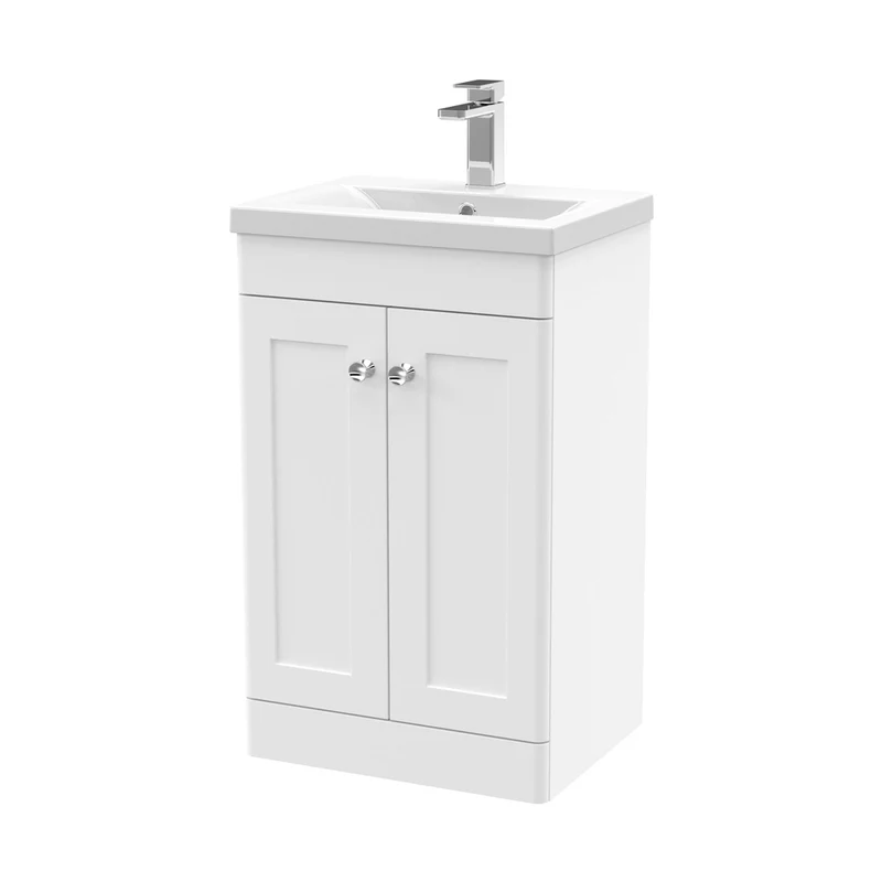 Nuie Classique 500mm Floor Standing 2 Door Vanity & Basin 1 Traditional Satin White MFC Painted Matt 840x510x390mm
