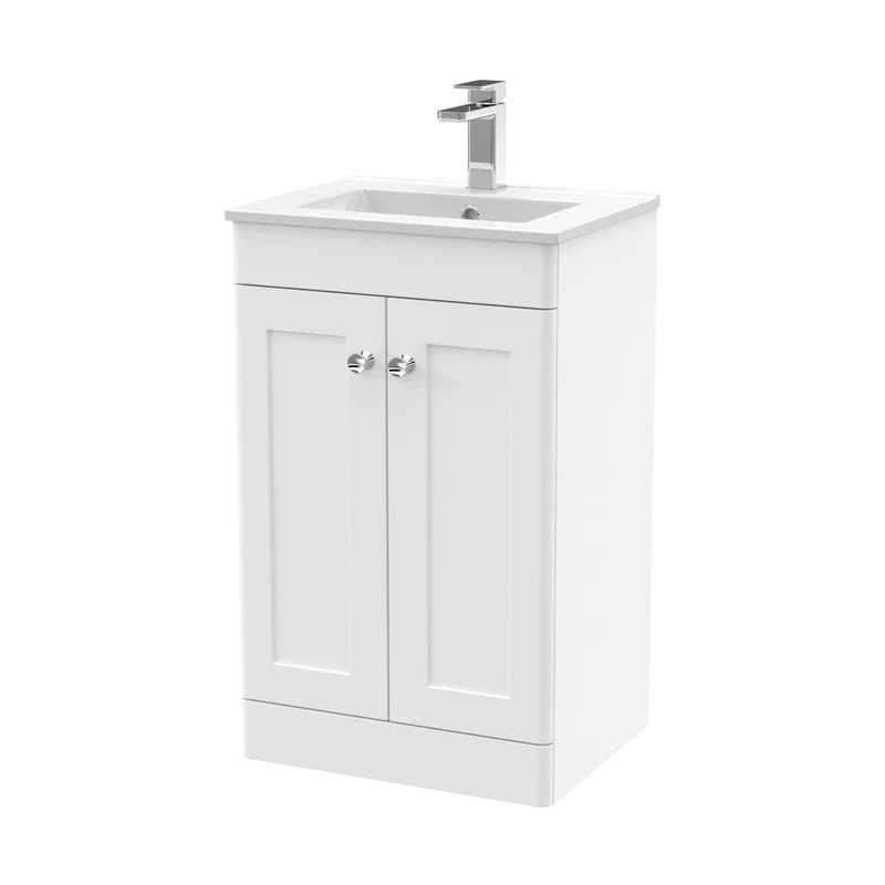 Nuie Classique 500mm Floor Standing 2 Door Vanity & Basin 2 Traditional Satin White MFC Painted Matt 818x500x390mm
