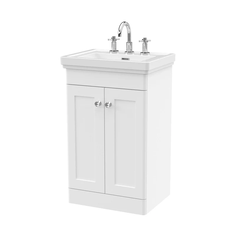 Nuie Classique 500mm Floor Standing 2-door Vanity & Basin 3th Traditional Satin White MFC Painted Matt 865x531x406mm