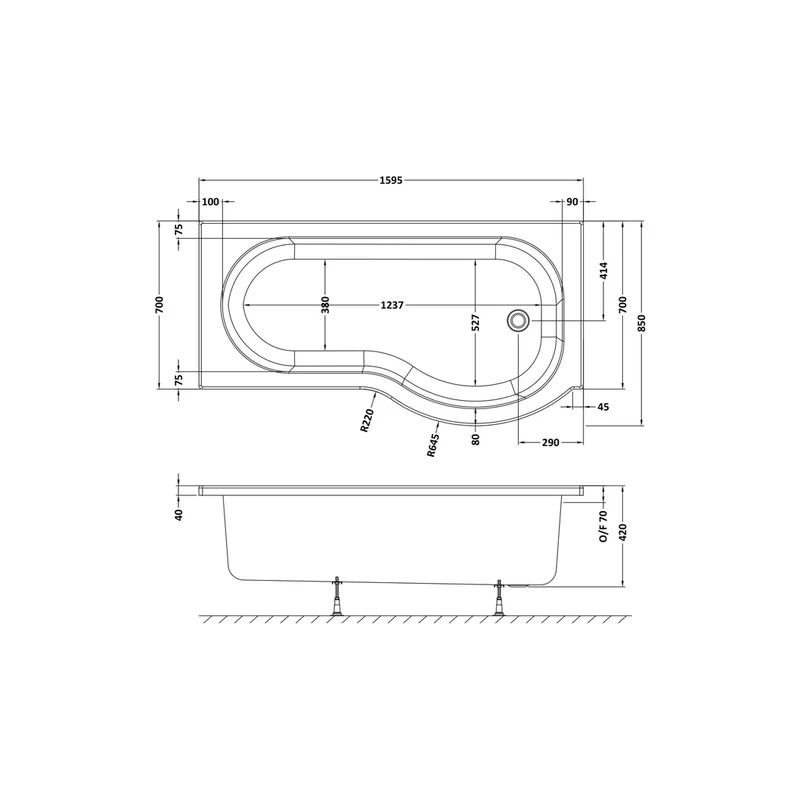 Nuie Shower Baths 1600mm Right Hand P-shaped Bath Contemporary White Acrylic 410x850x410mm