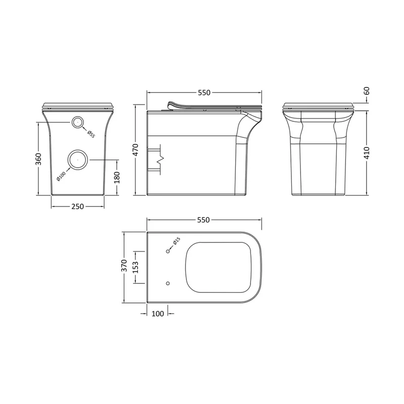 Nuie Ava Square Back To Wall Pan & Soft Close Seat Contemporary White Vitreous China 470x370x550mm