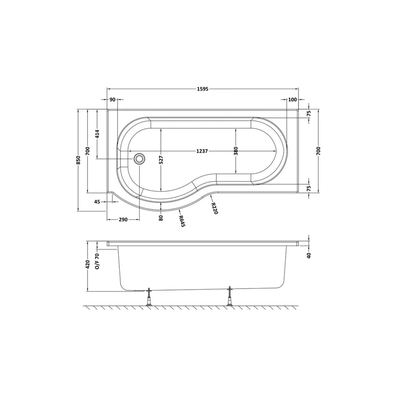 Nuie Shower Baths 1600mm Left Hand P-shaped Bath Contemporary White Acrylic 410x850x410mm