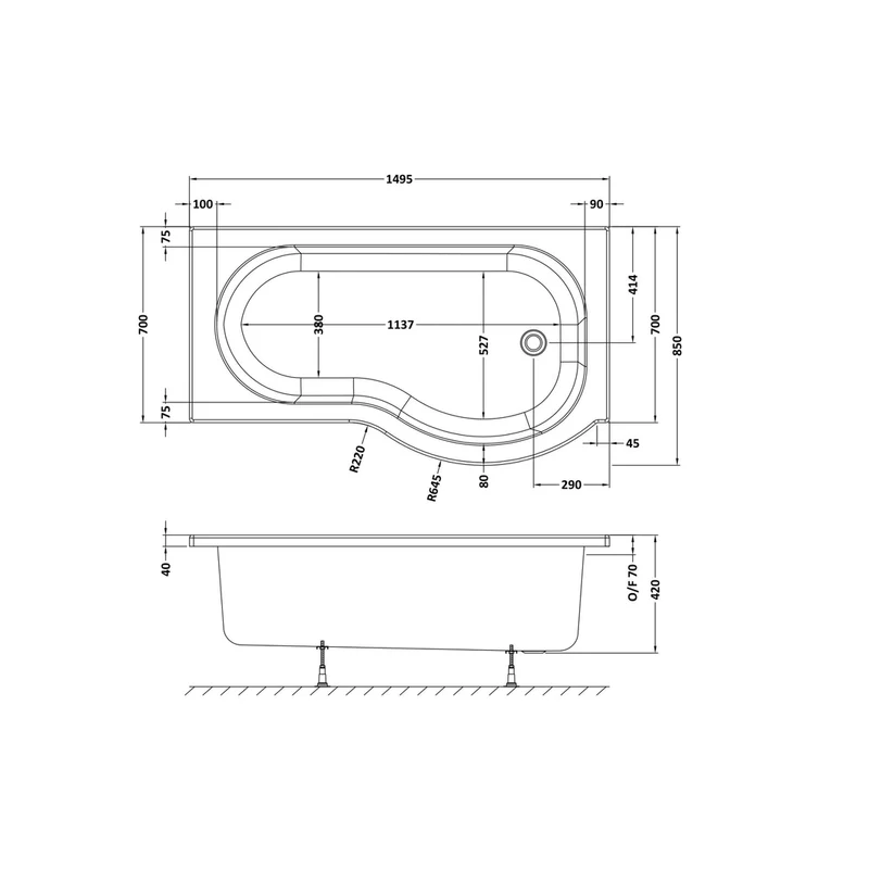 Nuie Shower Baths 1500mm Right Hand P-shaped Bath Contemporary White Acrylic 415x850x415mm