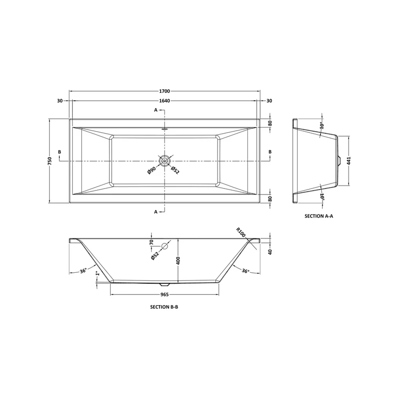 Nuie Asselby Eternalite Square Double Ended Bath 1700 X 750mm Contemporary White Acrylic Eternalite