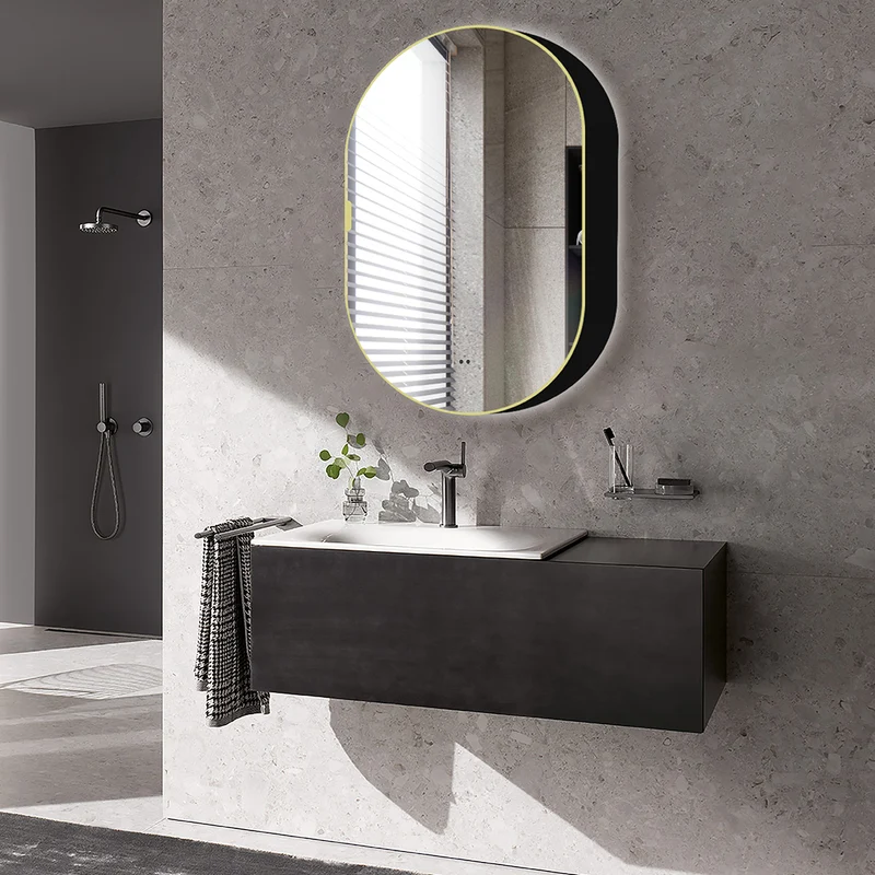 Tablet Backlit LED Mirror Cabinet 800 x 500mm with Demister - Brushed Brass