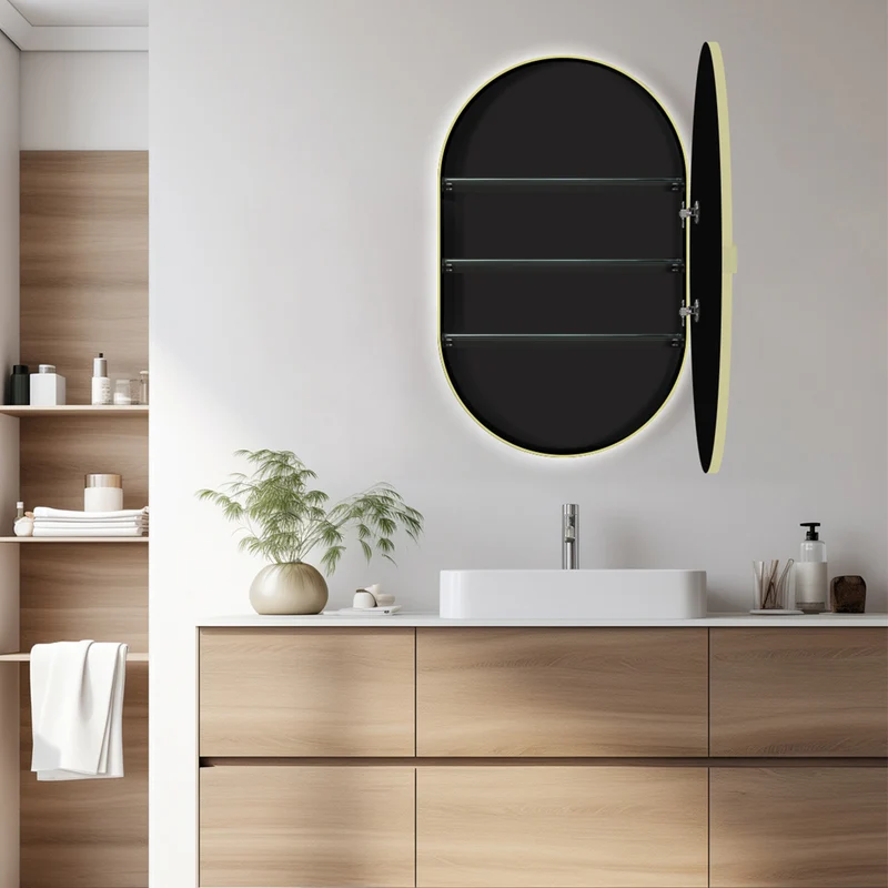 Tablet Backlit LED Mirror Cabinet 800 x 500mm with Demister - Brushed Brass