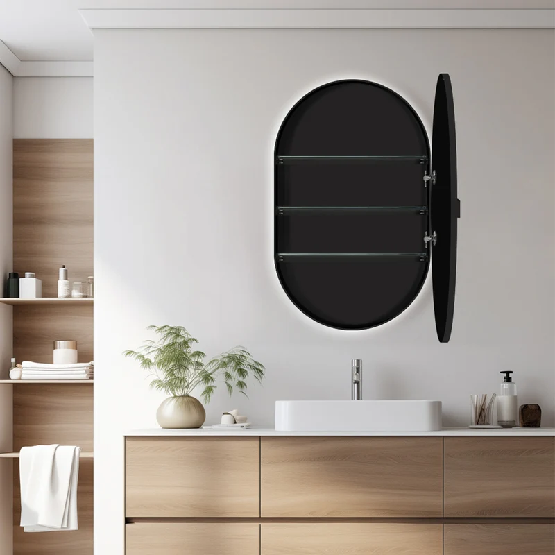 Black Tablet Backlit LED Mirror Cabinet 800 x 500mm with Demister