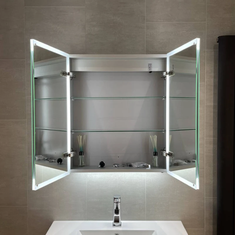 Bella LED Mirror Cabinet 700 x 800mm Double Door and Shaver - Matt Silver