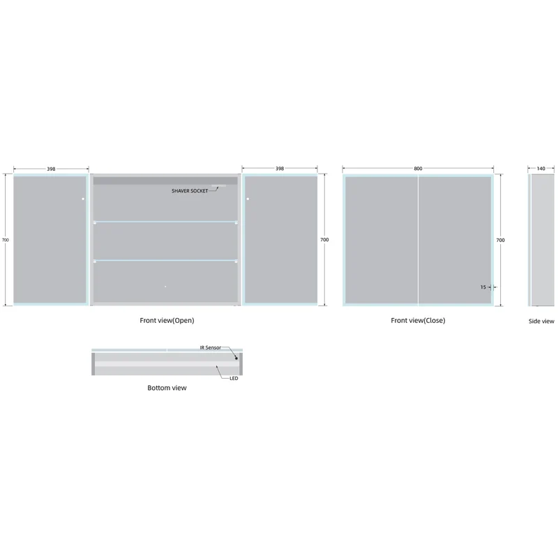 Bella LED Mirror Cabinet 700 x 800mm Double Door and Shaver - Matt Silver