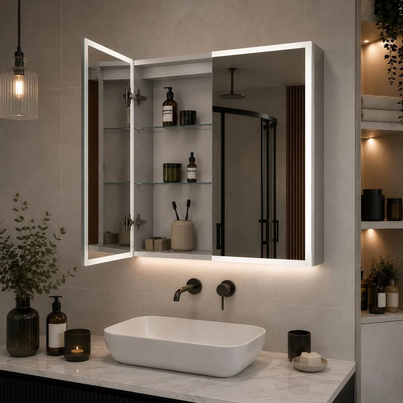 Bella LED Mirror Cabinet 700 x 600mm Double Door and Shaver - Matt Silver