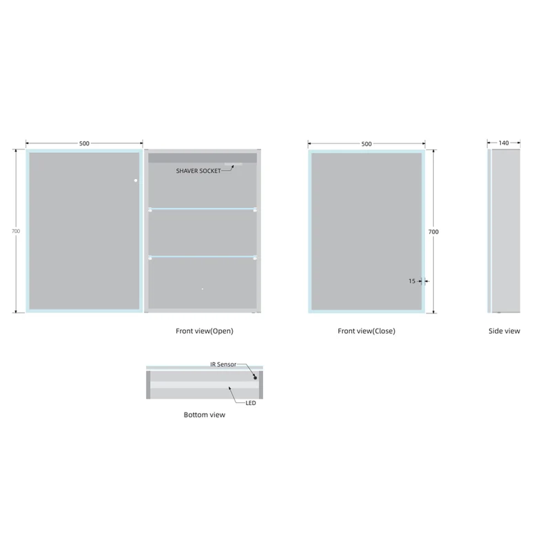 Bella LED Mirror Cabinet 700 x 500mm Single Door and Shaver - Matt Silver
