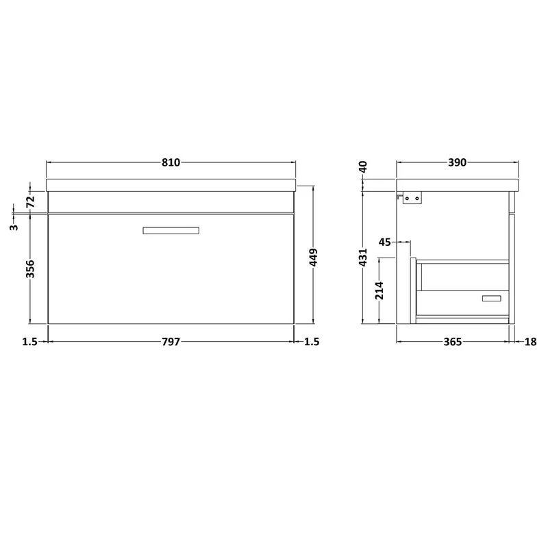 Cape 800mm Wall Hung Single Drawer Vanity Unit & Mid-Edge Basin - Charcoal Black