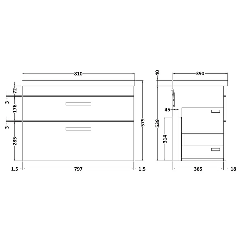Cape 800mm Wall Hung 2 Drawer Vanity Unit & Mid-Edge Basin - Gloss Grey
