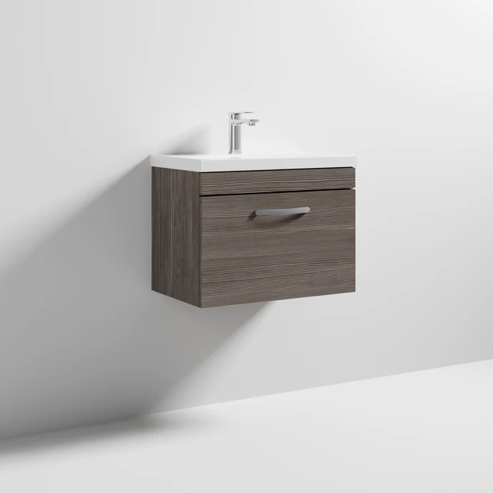 Cape 600mm Wall Hung Single Drawer Vanity Unit & Mid-Edge Basin - Anthracite Woodgrain