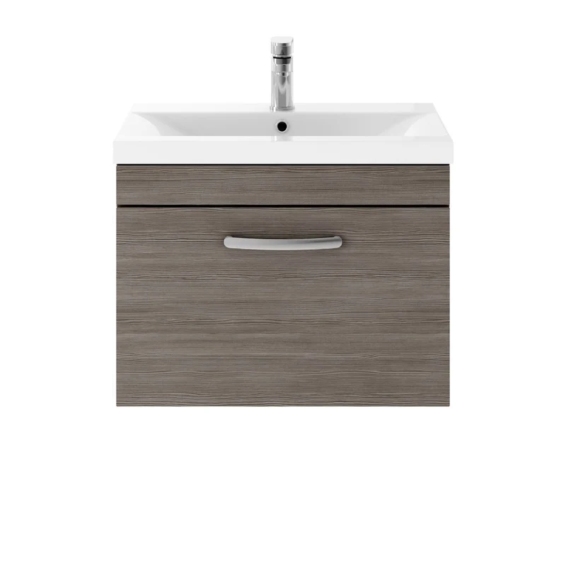 Cape 600mm Wall Hung Single Drawer Vanity Unit & Mid-Edge Basin - Anthracite Woodgrain