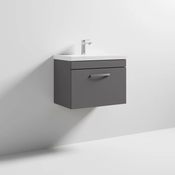 Cape 600mm Wall Hung Single Drawer Vanity Unit & Mid-Edge Basin - Gloss Grey