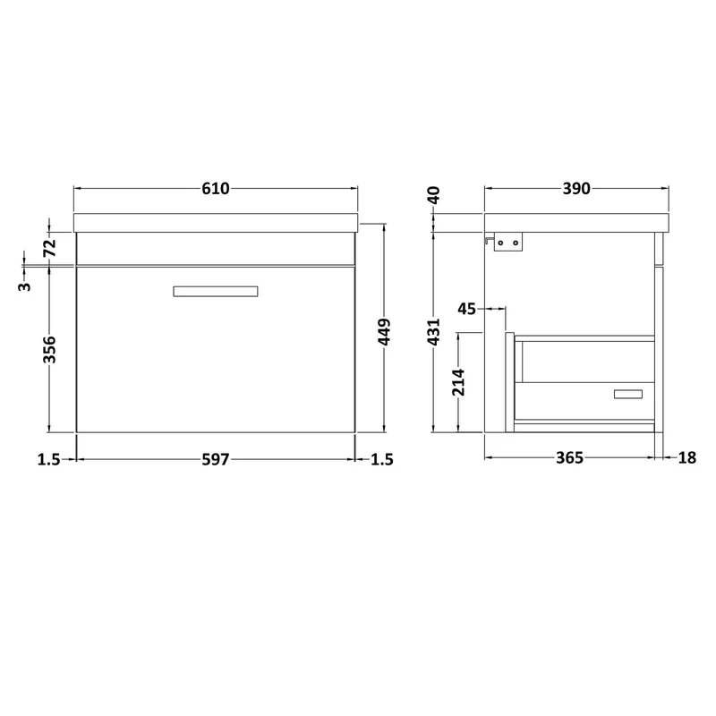 Cape 600mm Wall Hung Single Drawer Vanity Unit & Mid-Edge Basin - Gloss Grey