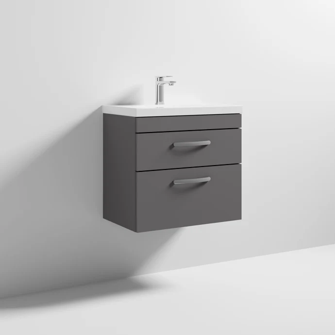Cape 600mm Wall Hung 2 Drawer Vanity Unit & Mid-Edge Basin - Gloss Grey