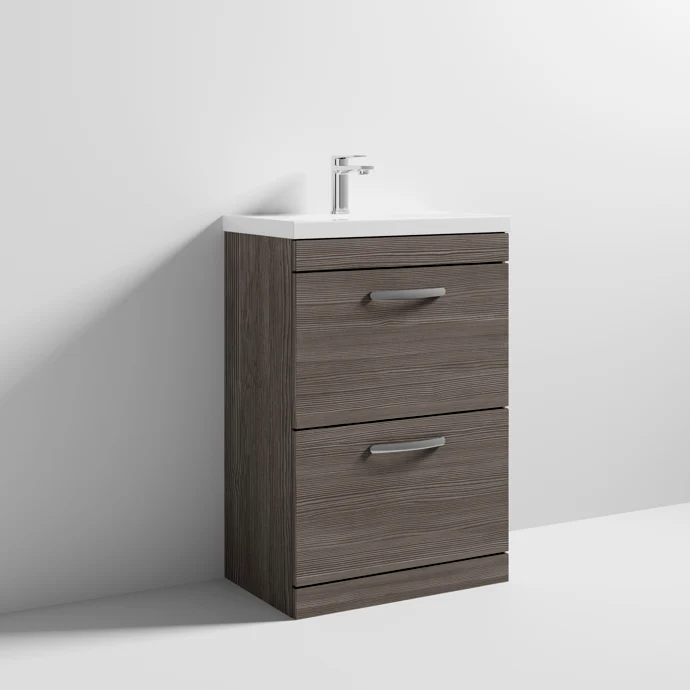 Cape 600mm Floor Standing 2 Drawer Vanity Unit & Mid-Edge Basin - Anthracite Woodgrain