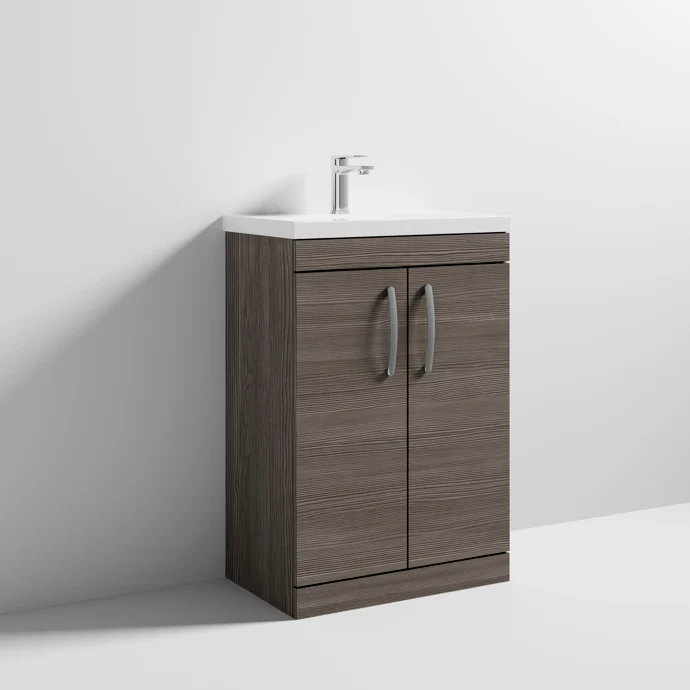 Cape 600mm Floor Standing 2 Door Vanity Unit & Mid-Edge Basin - Anthracite Woodgrain