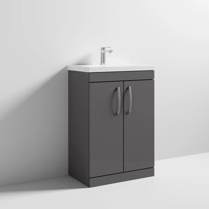 Cape 600mm Floor Standing 2 Door Vanity Unit & Mid-Edge Basin - Gloss Grey