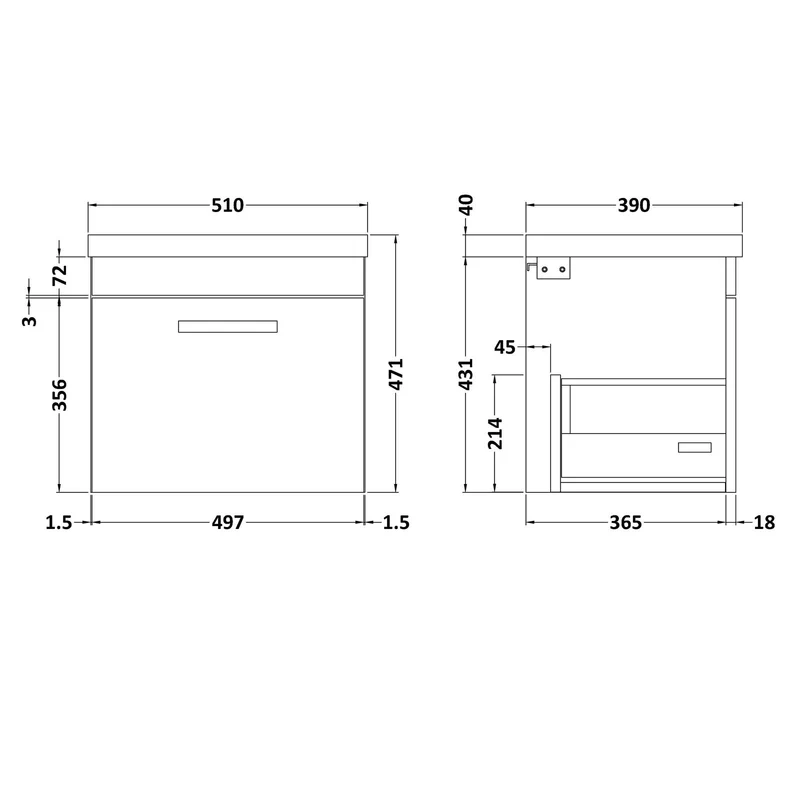 Cape 500mm Wall Hung Single Drawer Vanity Unit & Mid-Edge Basin - Charcoal Black