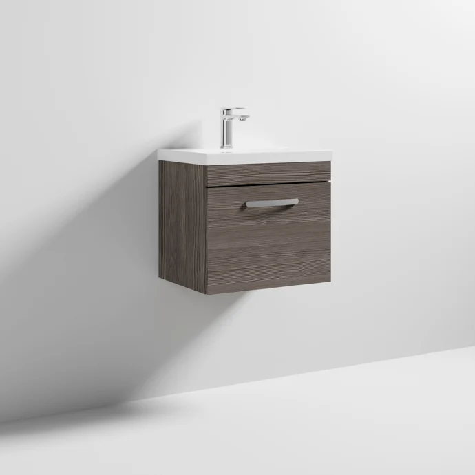 Cape 500mm Wall Hung Single Drawer Vanity Unit & Mid-Edge Basin - Anthracite Woodgrain