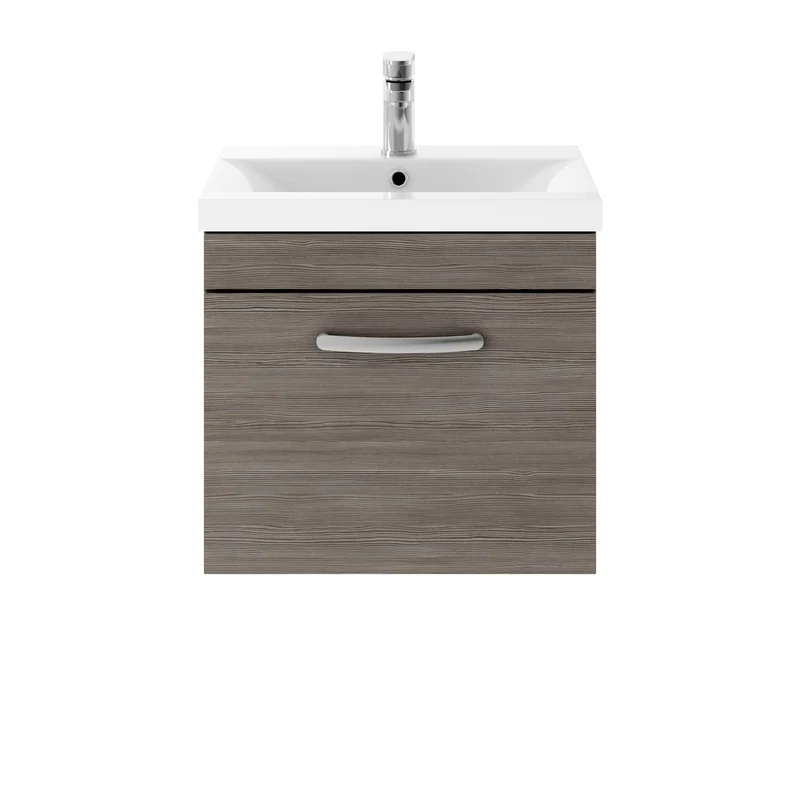 Cape 500mm Wall Hung Single Drawer Vanity Unit & Mid-Edge Basin - Anthracite Woodgrain