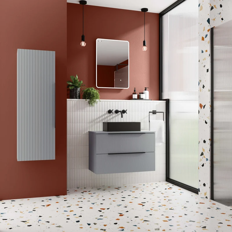 Hudson Reed Fluted Wall Hung 1200mm Vanity Unit With 4 Drawers & Worktop - Satin Grey