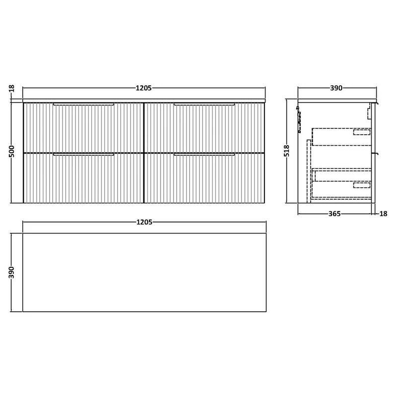 Hudson Reed Fluted Wall Hung 1200mm Vanity Unit With 4 Drawers & Worktop - Satin White