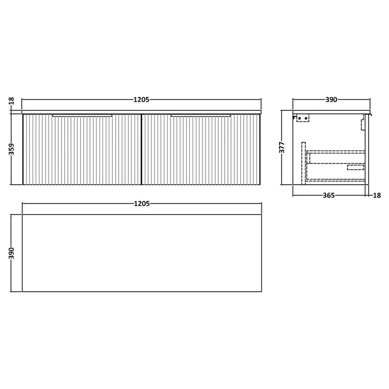 Hudson Reed Fluted Wall Hung 1200mm Vanity Unit With 2 Drawers & Worktop - Satin Green