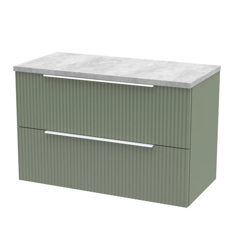 Hudson Reed Fluted Wall Hung 800mm Vanity Unit With 2 Drawers & Worktop - Satin Green