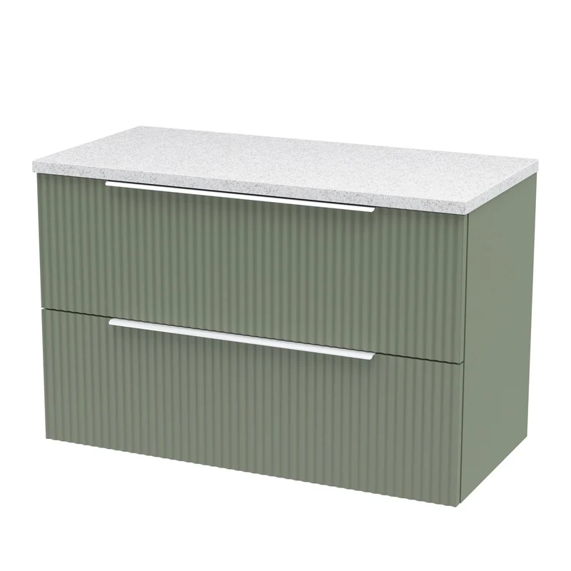 Hudson Reed Fluted Wall Hung 800mm Vanity Unit With 2 Drawers & Worktop - Satin Green