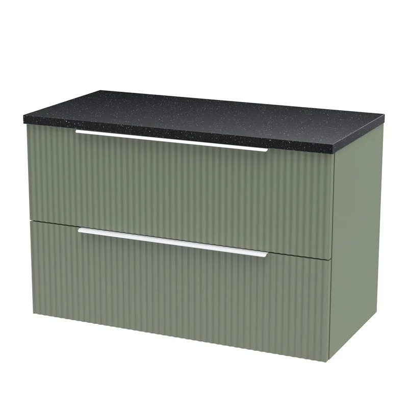 Hudson Reed Fluted Wall Hung 800mm Vanity Unit With 2 Drawers & Worktop - Satin Green