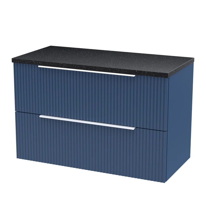 Hudson Reed Fluted Wall Hung 800mm Vanity Unit With 2 Drawers & Worktop - Satin Blue