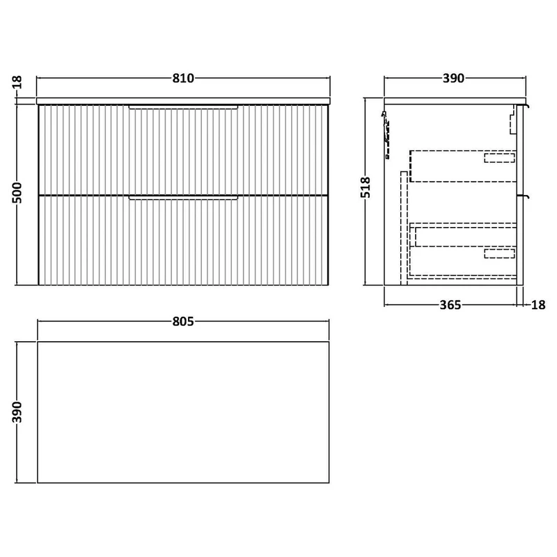 Hudson Reed Fluted Wall Hung 800mm Vanity Unit With 2 Drawers & Worktop - Satin Blue
