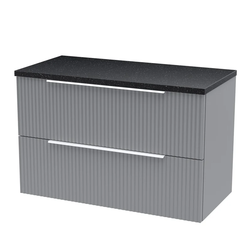 Hudson Reed Fluted Wall Hung 800mm Vanity Unit With 2 Drawers & Worktop - Satin Grey
